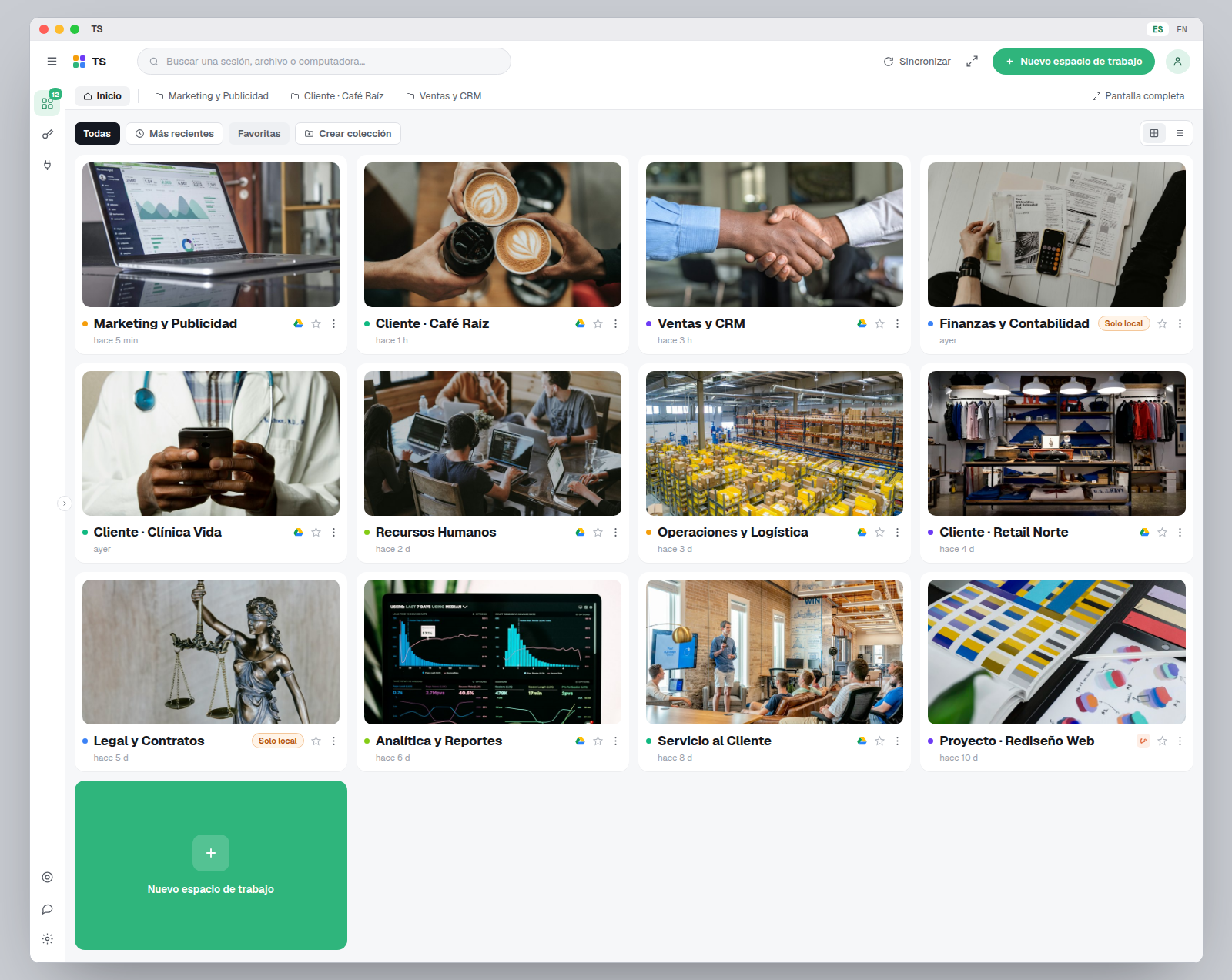 Dashboard de TS con espacios separados para clientes, proyectos y departamentos.